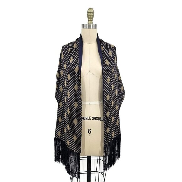 Giorgio Armani Accessories - Giorgio Armani Silk Scarf Fringe Navy Blue Beige Shawl 16"x60"